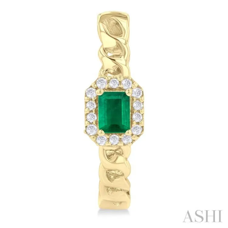 1/6 Ctw Curb Chain Inspired Octagonal Centerpiece 4X3 MM Emerald and Round Cut Diamond Precious Fashion Hoop Earring in 10K Yellow Gold