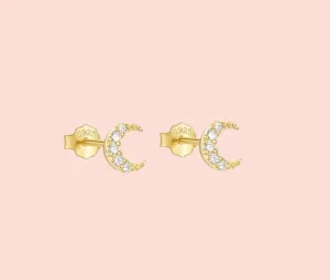 18K gold plated Sparkle Moon stud earrings with cubic zirconia