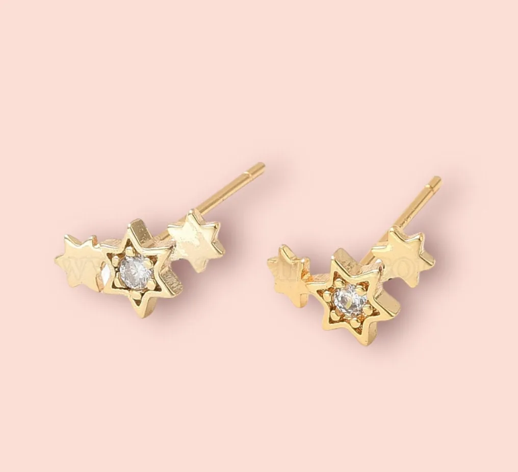 18K Gold Plated Triple Shooting Star sparkly cubic zirconia stud earrings