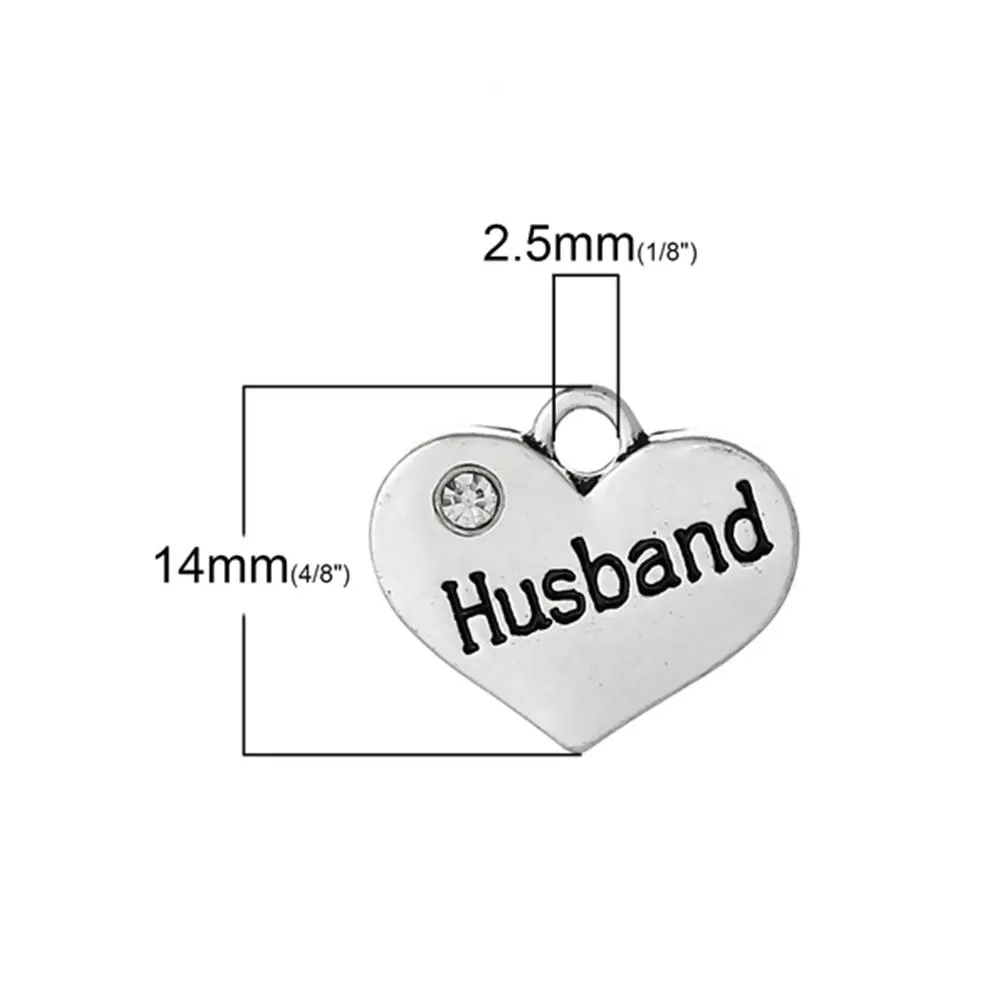 5 Pcs Tibetan Silver & Rhinestone HUSBAND HEART 3D 17mm Charms Pendants, Lead & Nickel Free Metal Charms Pendants Beads