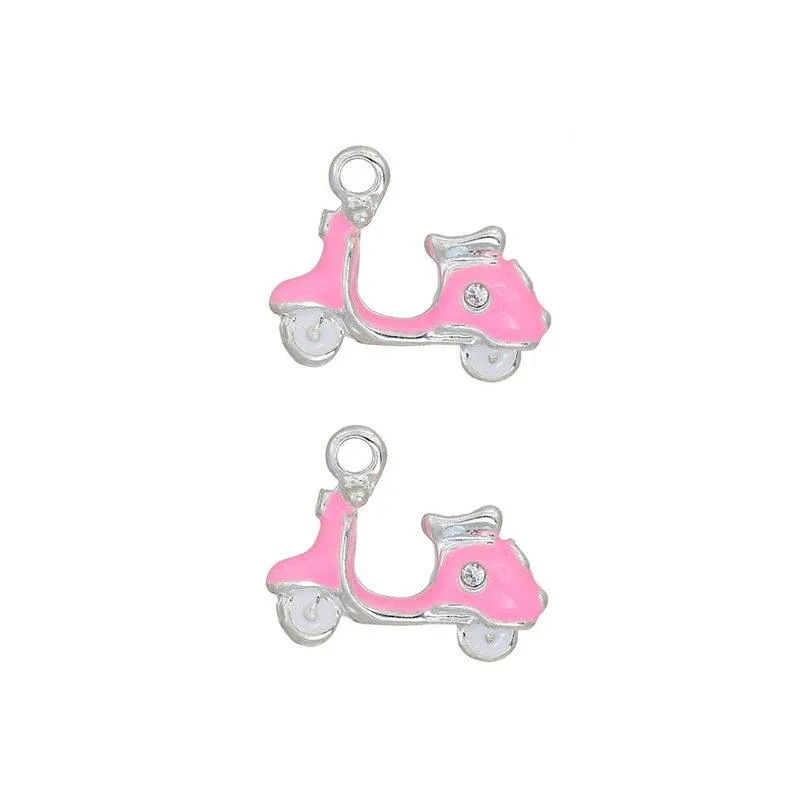 5 Pcs Tibetan Silver and Enamel Pink Scotter Moped Vespa Motor Bike Italy 15mm x 19mm 3D Charms Pendants