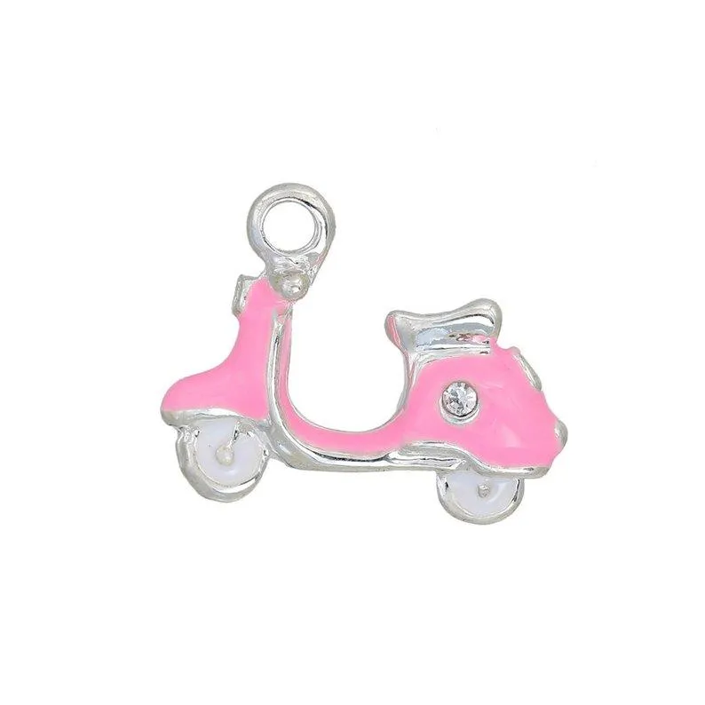 5 Pcs Tibetan Silver and Enamel Pink Scotter Moped Vespa Motor Bike Italy 15mm x 19mm 3D Charms Pendants