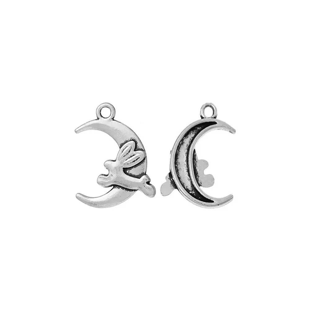 5 Pcs Tibetan Silver EASTER HALF MOON WITH RABBIT 22mm x 17mm Charms Pendants, Lead & Nickel Free Metal Charms Pendants Beads