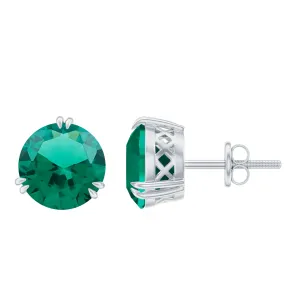 8 MM Created Emerald Solitaire Silver Stud Earrings in Double Claw Setting