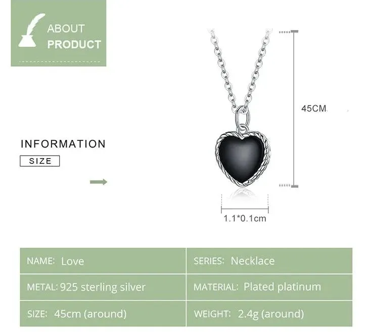 925 Sterling Silver Black Heart Love Necklace