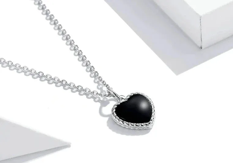 925 Sterling Silver Black Heart Love Necklace