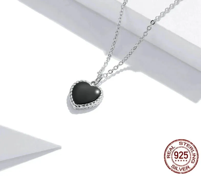 925 Sterling Silver Black Heart Love Necklace