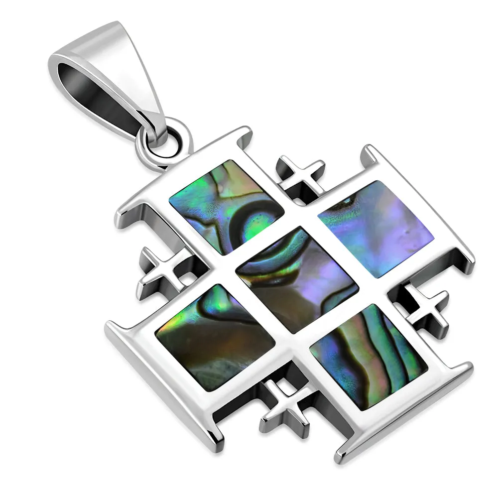 Abalone Shell Jerusalem Cross Silver Pendant