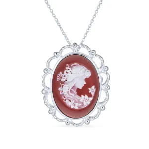 Antique Terracotta Red Victorian Lady Cameo Pendant Necklace in Sterling Silver