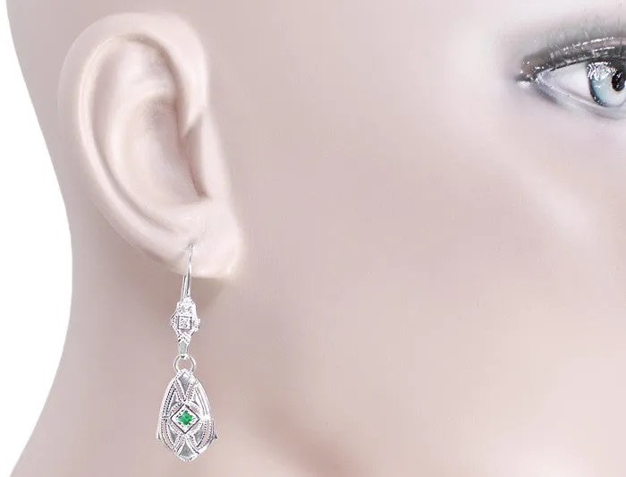 Art Deco Dangling Sterling Silver Emerald and Diamond Filigree Earrings