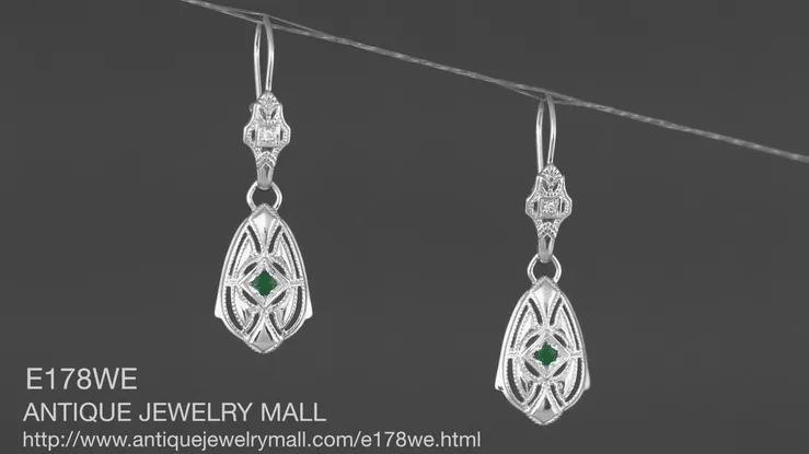 Art Deco Dangling Sterling Silver Emerald and Diamond Filigree Earrings