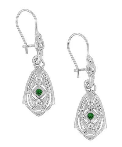 Art Deco Dangling Sterling Silver Emerald and Diamond Filigree Earrings