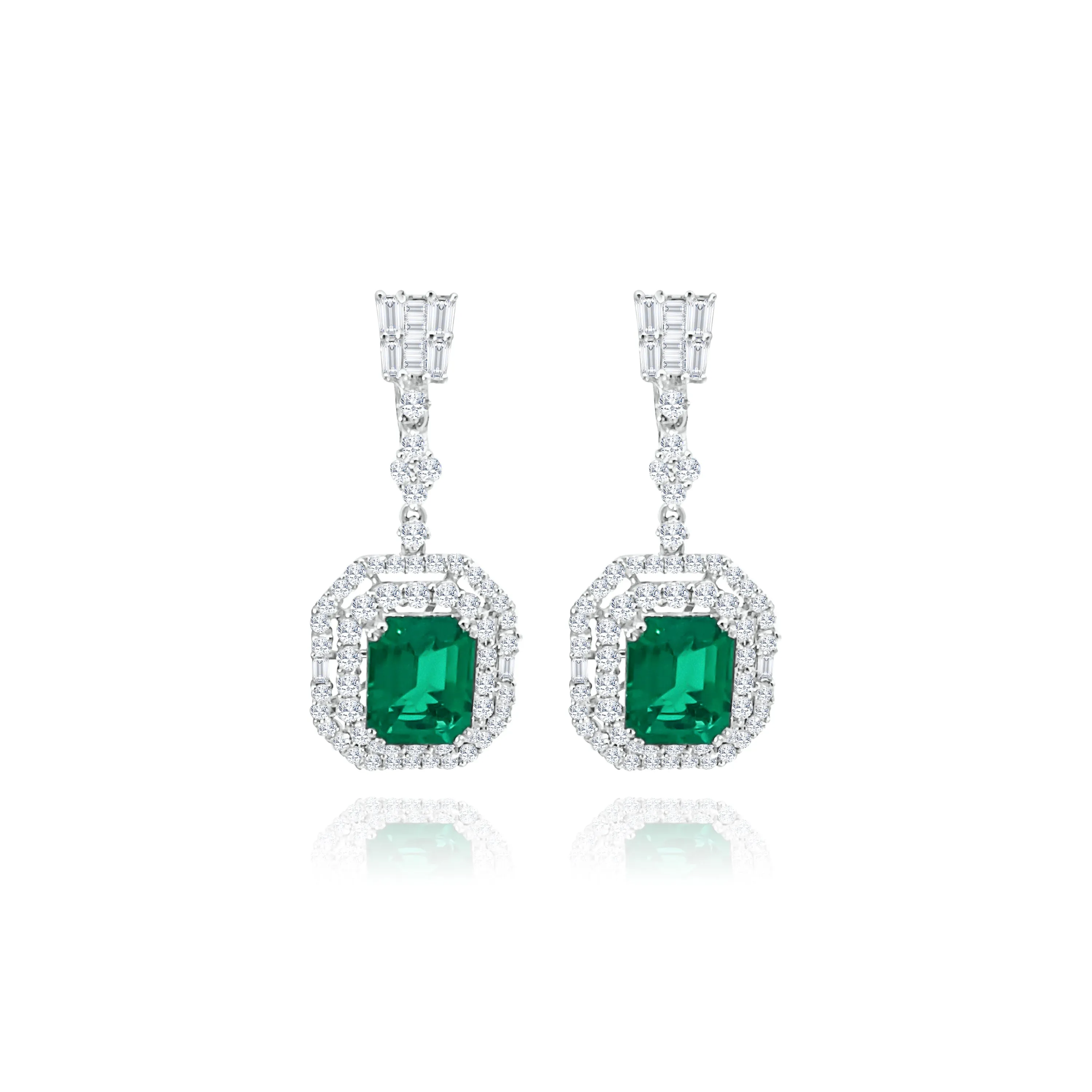 Baguette cut & Brilliant cut Diamonds with Emerald cut Emerald "Fancy" Earrings