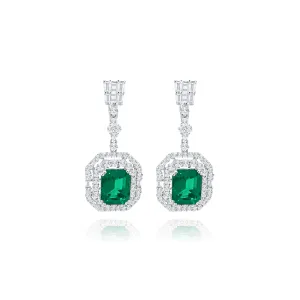 Baguette cut & Brilliant cut Diamonds with Emerald cut Emerald "Fancy" Earrings