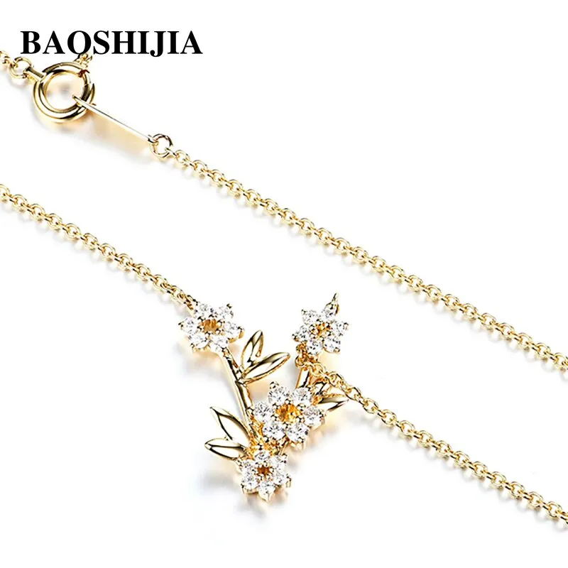 BAOSHIJIA Solid 18k Yellow Gold Flower SI Diamond Necklace Women&#39;s Pendant Polish Shank Fine Jewelry Luxurious