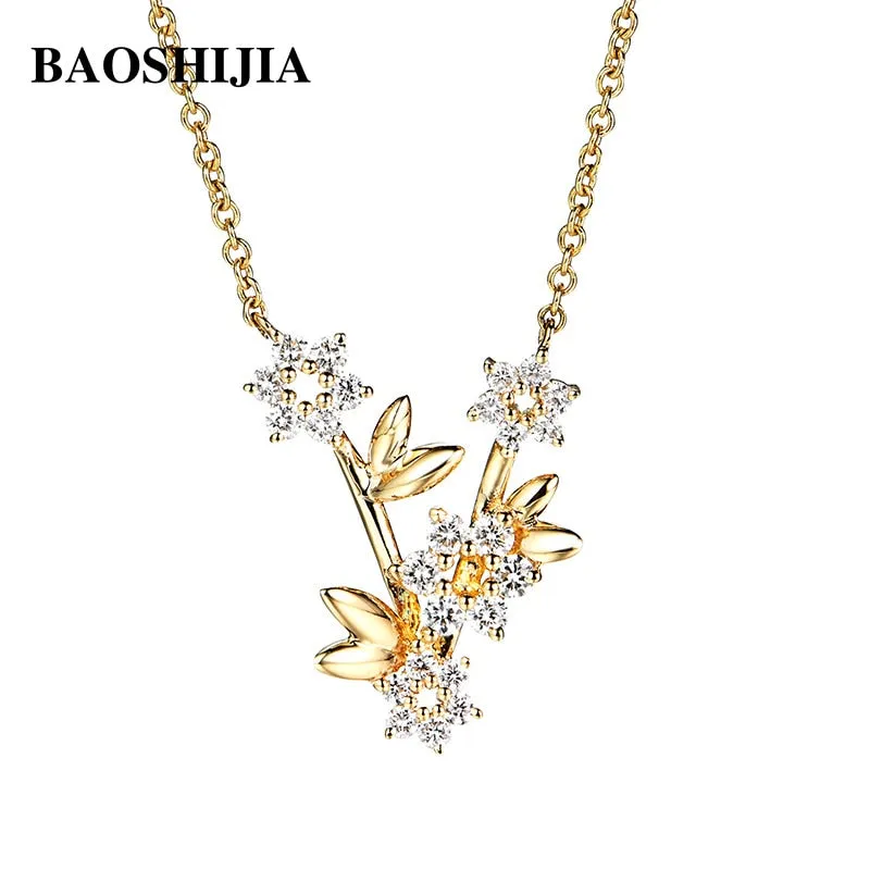 BAOSHIJIA Solid 18k Yellow Gold Flower SI Diamond Necklace Women&#39;s Pendant Polish Shank Fine Jewelry Luxurious