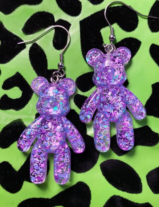 BEAR EARRINGS - PURPLE GLITTER