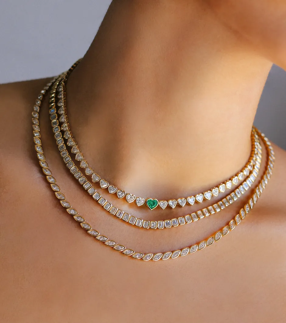 BEZELED DIAMOND HEART CHOKER WITH EMERALD CENTER