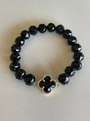 Black Beads & Gold Trim Clover Stretch Bracelet