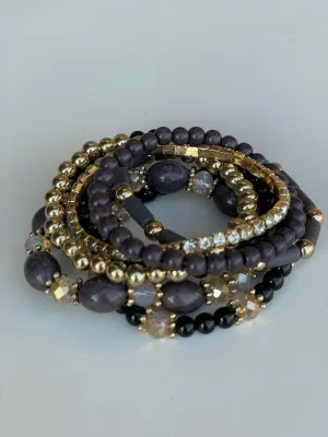 Black, Gray & Gold Glass and Rhinestone Set of 7 Stretch Beaded Bracelets