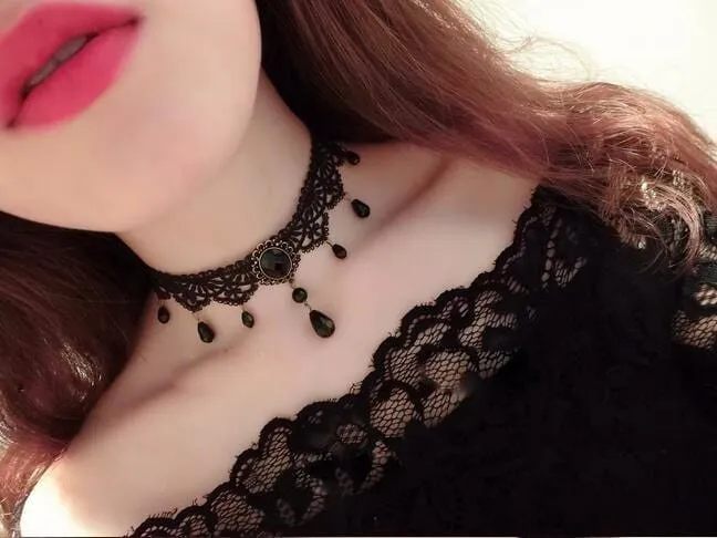 Black Lace Choker Necklace with Pendant