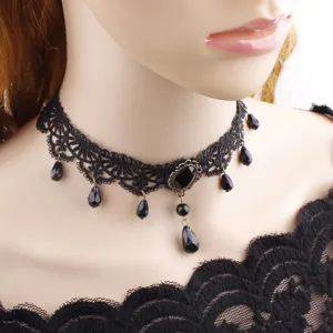 Black Lace Choker Necklace with Pendant