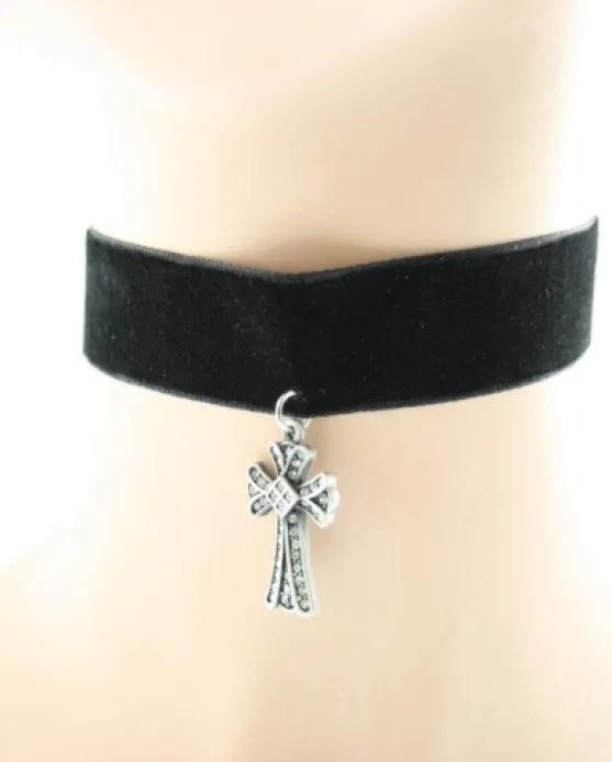 Black Velvet Choker with Jewelled Cross