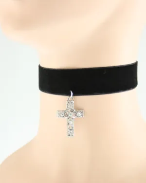 Black Velvet Choker with Silver Stone Cross