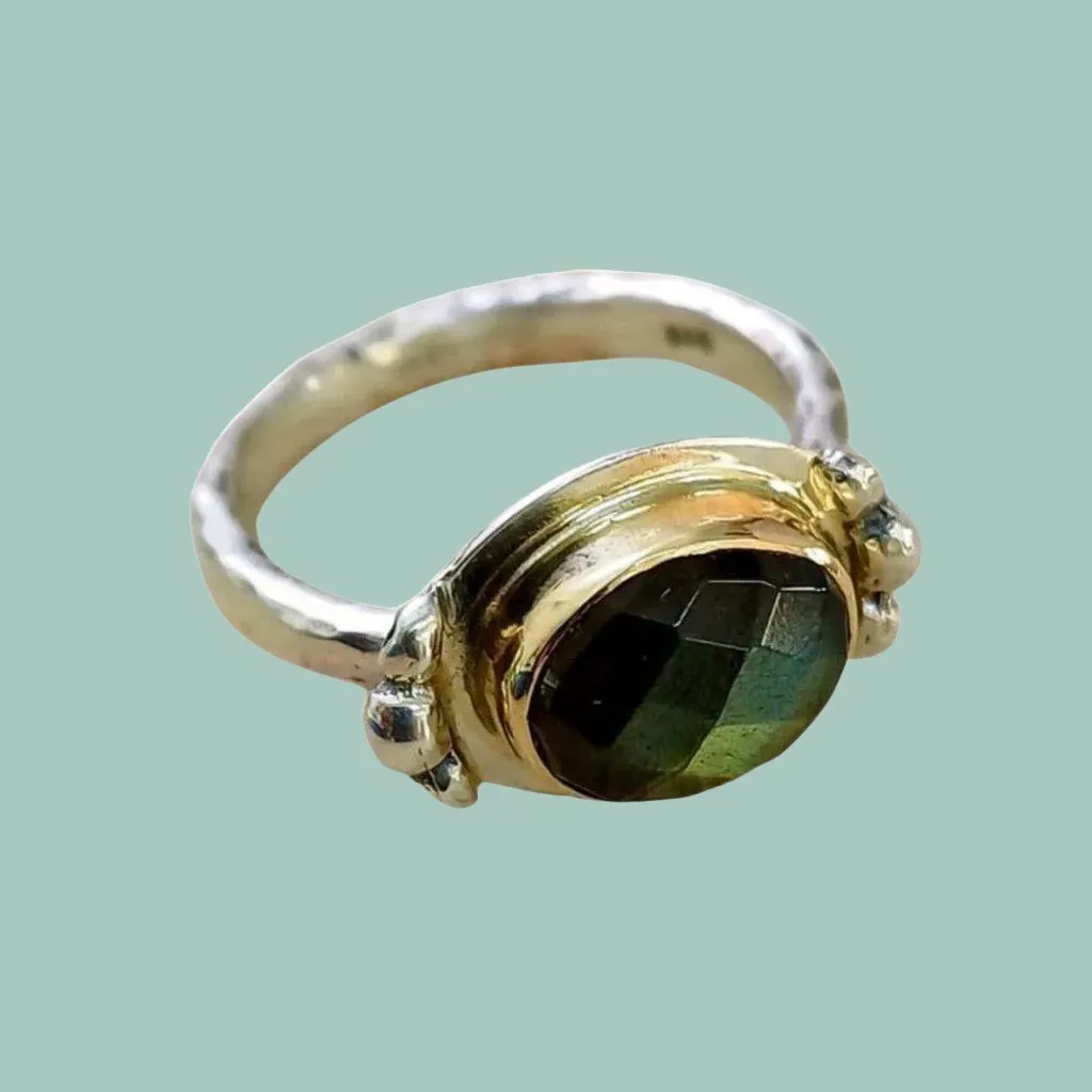 Bluenoemi Sterling Silver Gold Ring for Women set with a Labradorite – Crafted in Israel