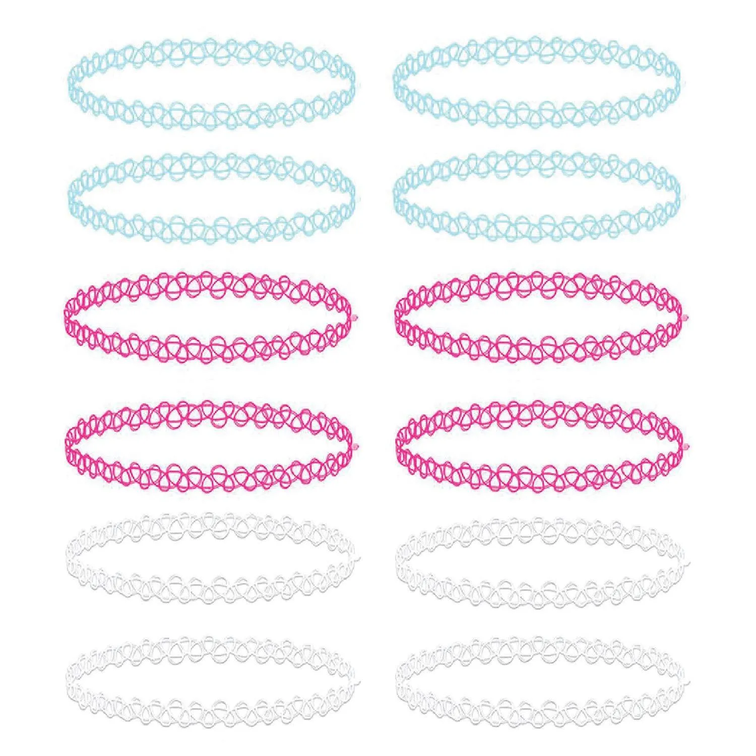 BodyJ4You 12PC Choker Necklace Set Henna Tattoo Stretch Elastic Jewelry Women Girl Gift Pack Aqua, Pink, Clear