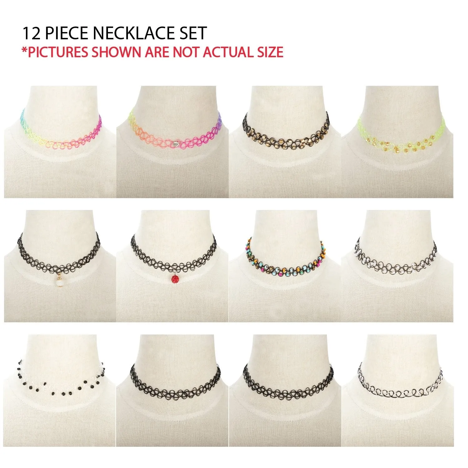 BodyJ4You 12PC Choker Necklace Set Henna Tattoo Stretch Elastic Jewelry Women Girl Gift Pack Multicolor Dangle Beads