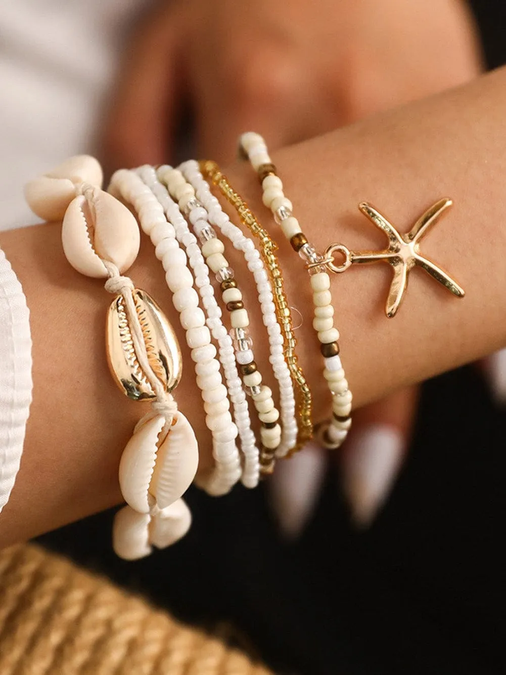 Bohemian Seaside Shell and Starfish Beaded Bracelet Set