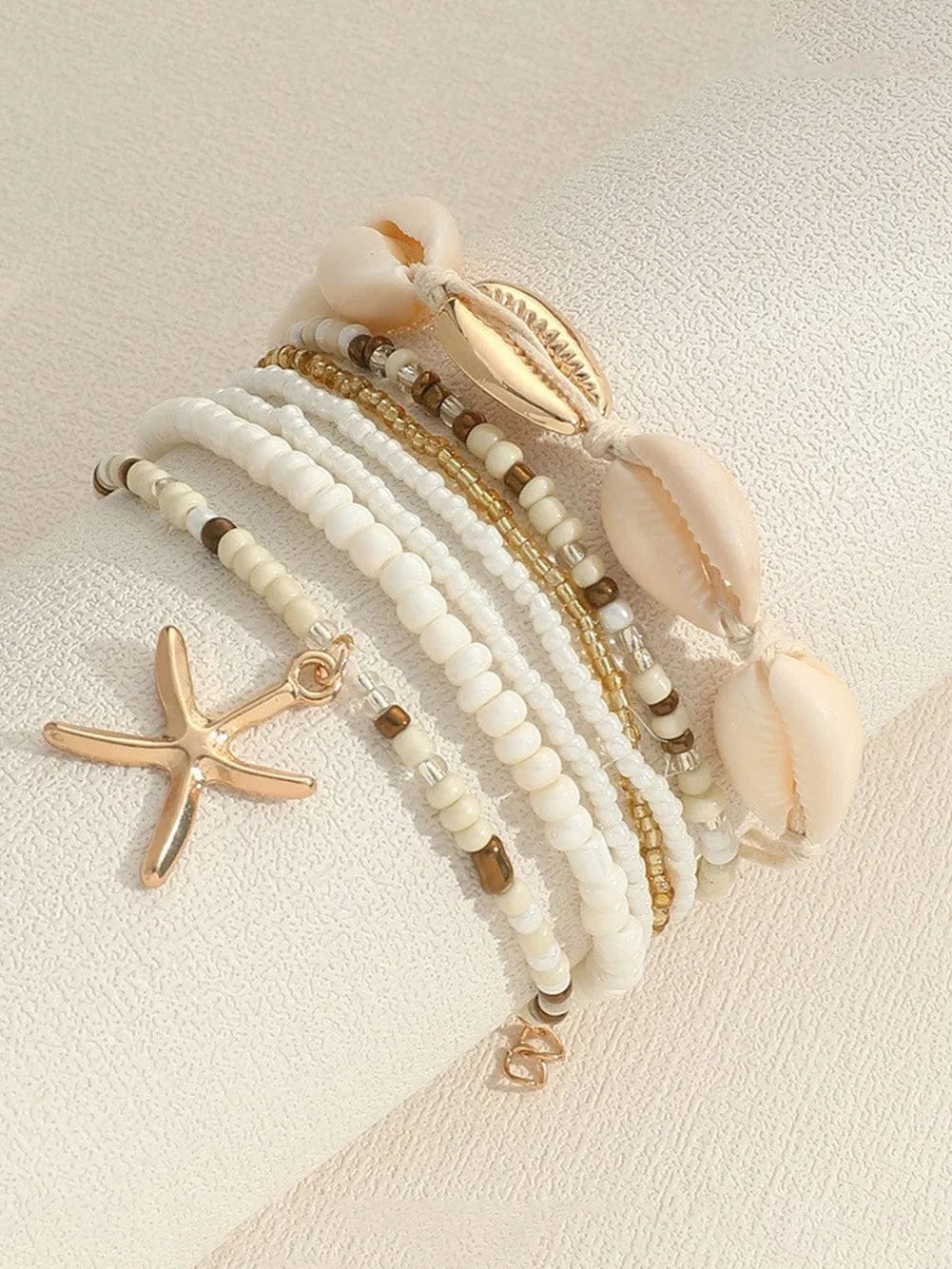 Bohemian Seaside Shell and Starfish Beaded Bracelet Set