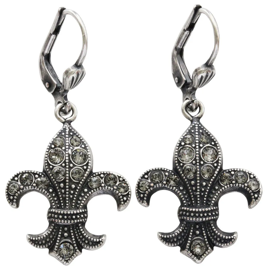 Catherine Popesco Sterling Silver Plated Fleur De Lis Crystal Earrings, 9001B Grey