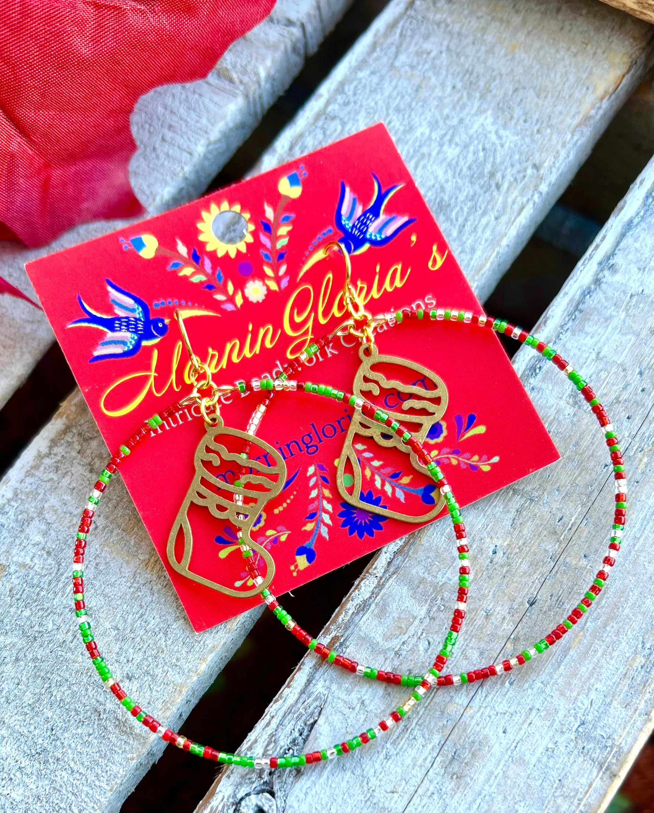 Christmas Stocking Beaded Hoop Earrings