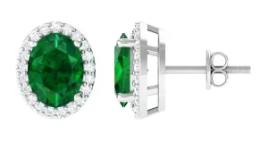 Classic Oval Shaped Lab Grown Emerald and Diamond Halo Stud Earrings