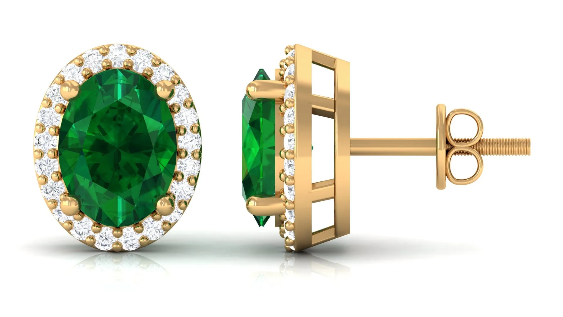 Classic Oval Shaped Lab Grown Emerald and Diamond Halo Stud Earrings