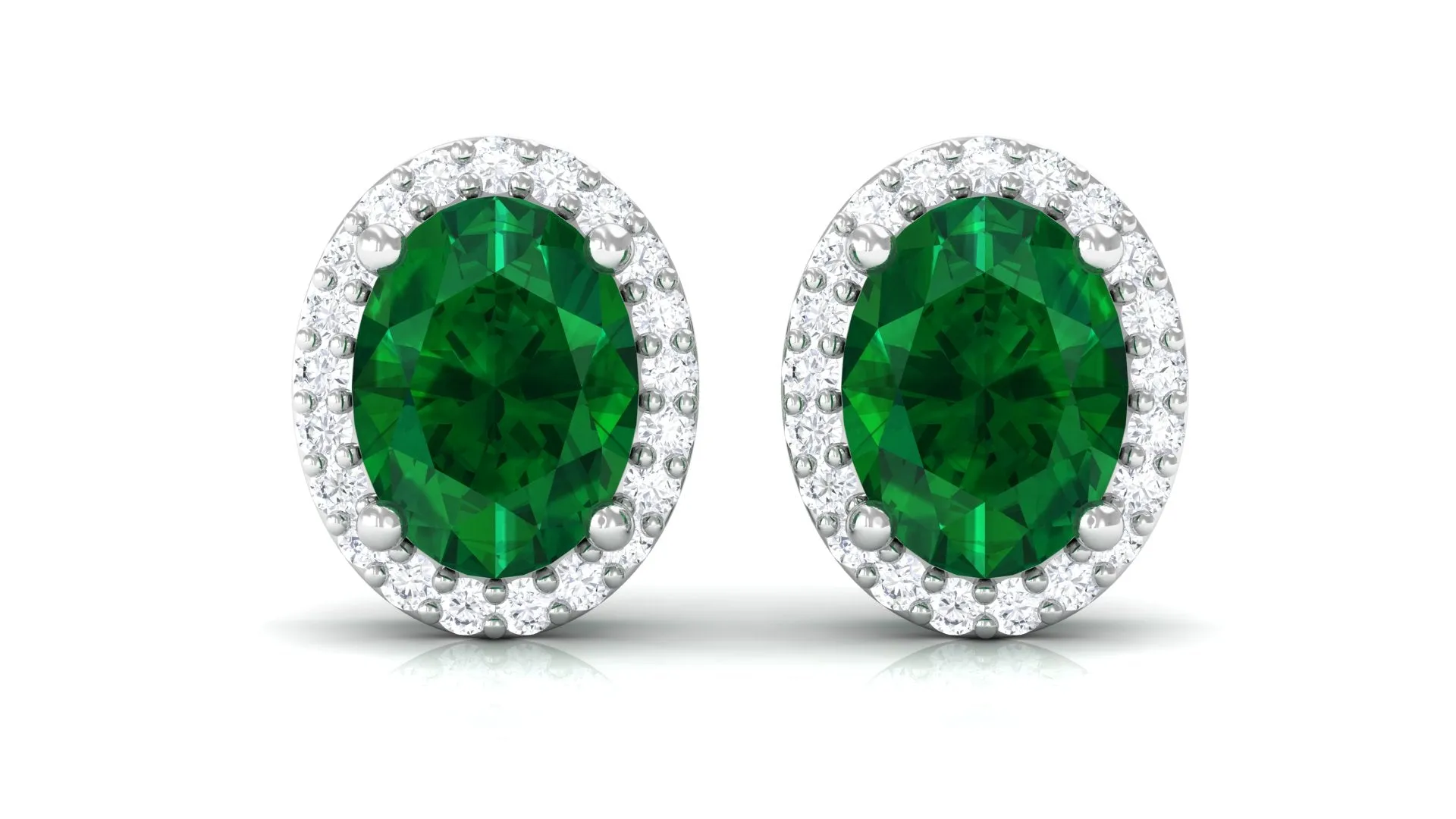 Classic Oval Shaped Lab Grown Emerald and Diamond Halo Stud Earrings