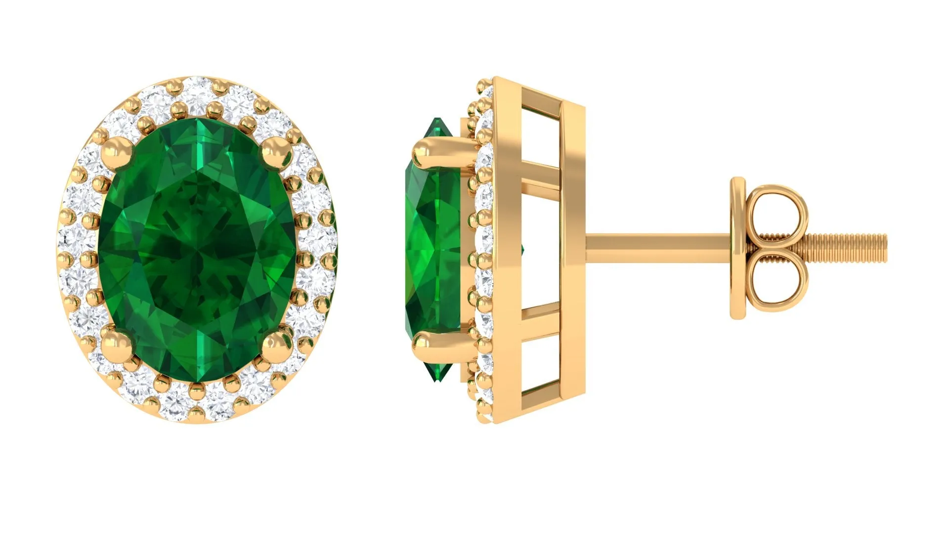 Classic Oval Shaped Lab Grown Emerald and Diamond Halo Stud Earrings