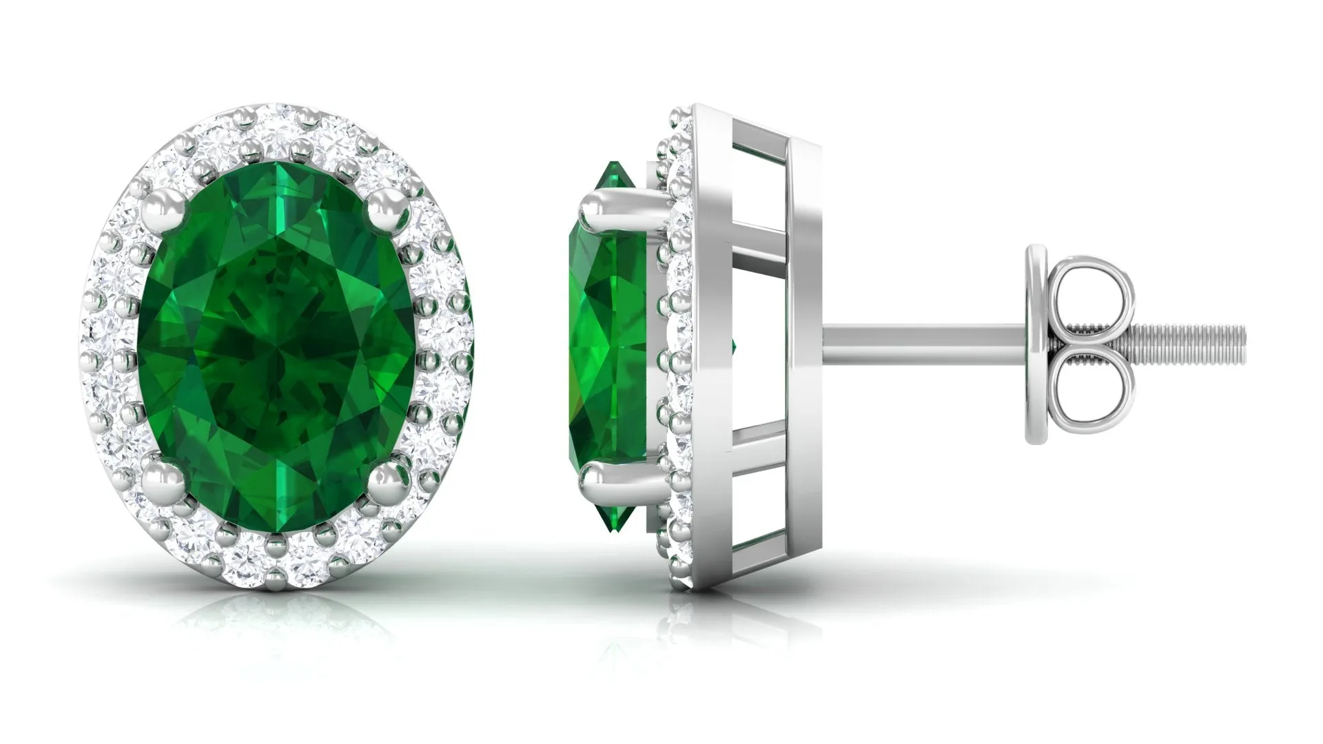 Classic Oval Shaped Lab Grown Emerald and Diamond Halo Stud Earrings