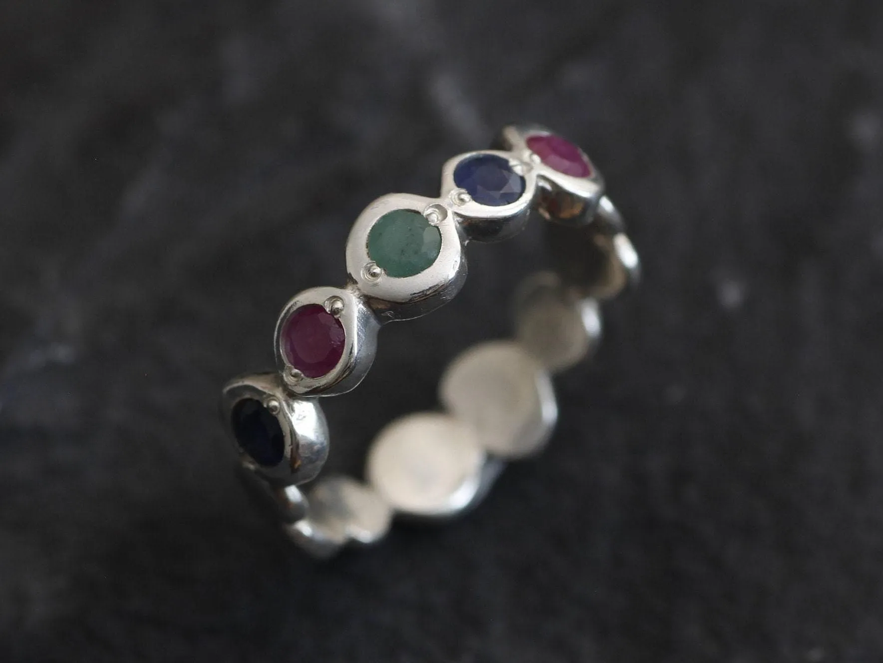 Colorful Multistone Band - Sapphire Ruby Emerald Ring - Red Blue Green Silver Ring