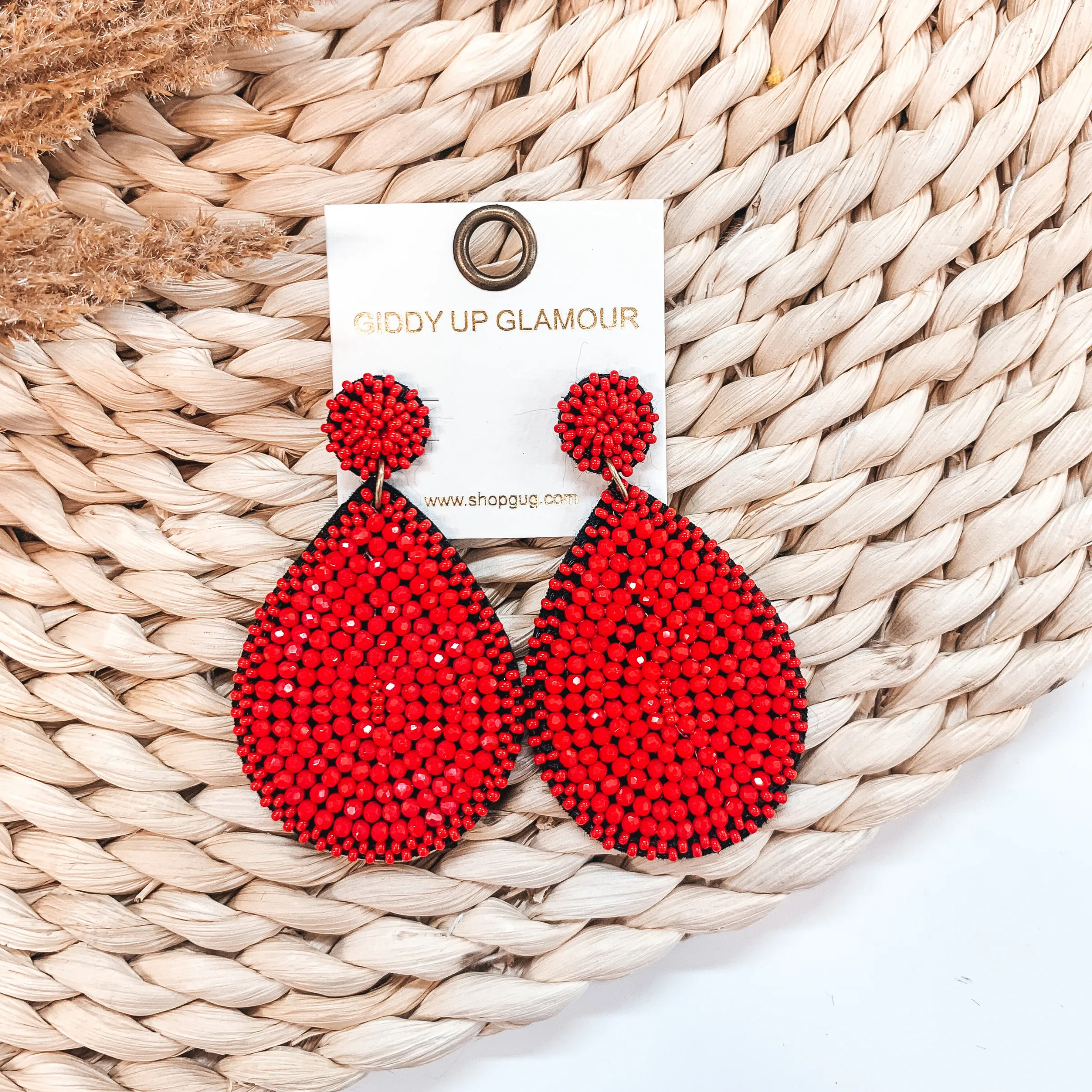 Crystal Beaded Circle Post Earrings with Large Teardrop Dangle in Red