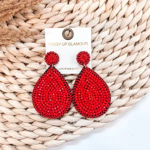 Crystal Beaded Circle Post Earrings with Large Teardrop Dangle in Red