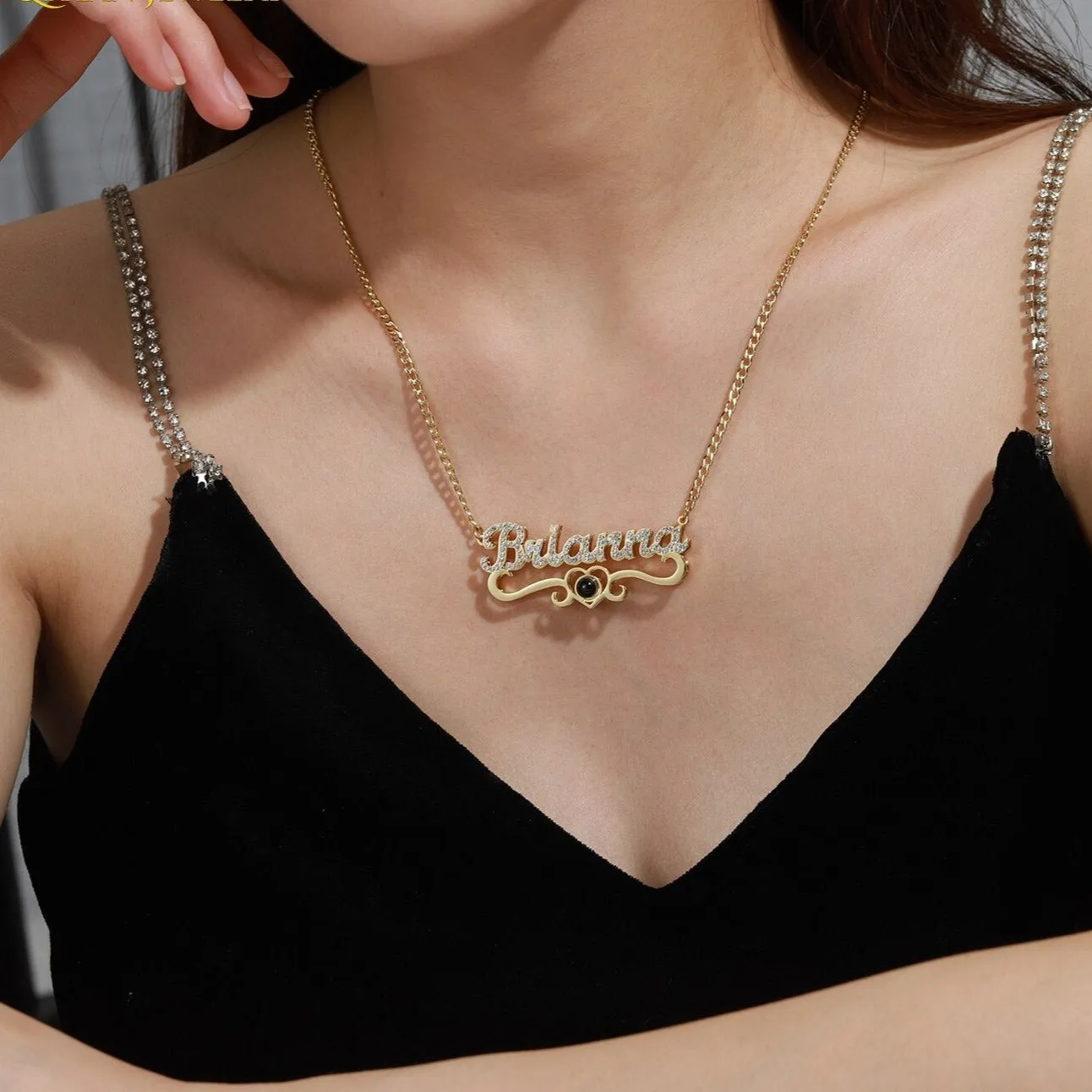 Custom Name Projection Photo Necklace Women Luxury Gold Diamonds Letter Gift