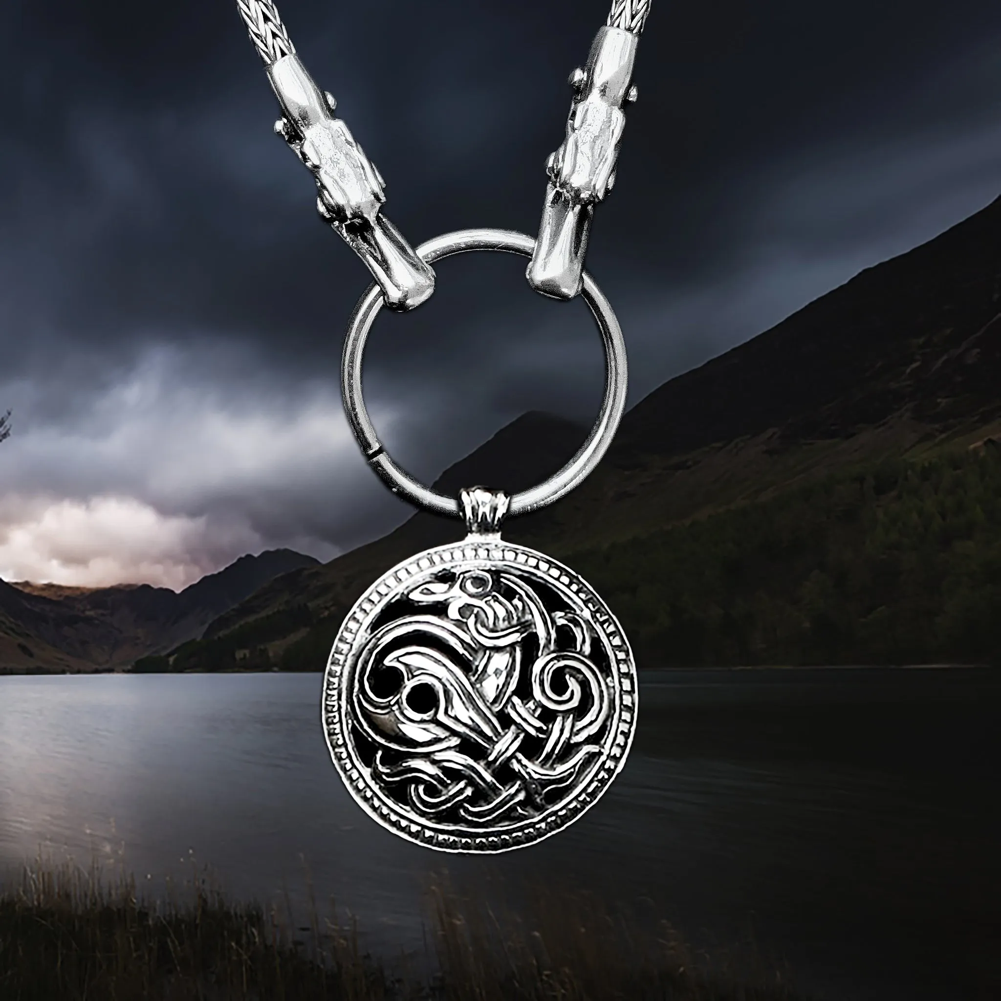 Customisable Slim Silver Snake Chain Pendant Necklace with Tromso Dragon Heads