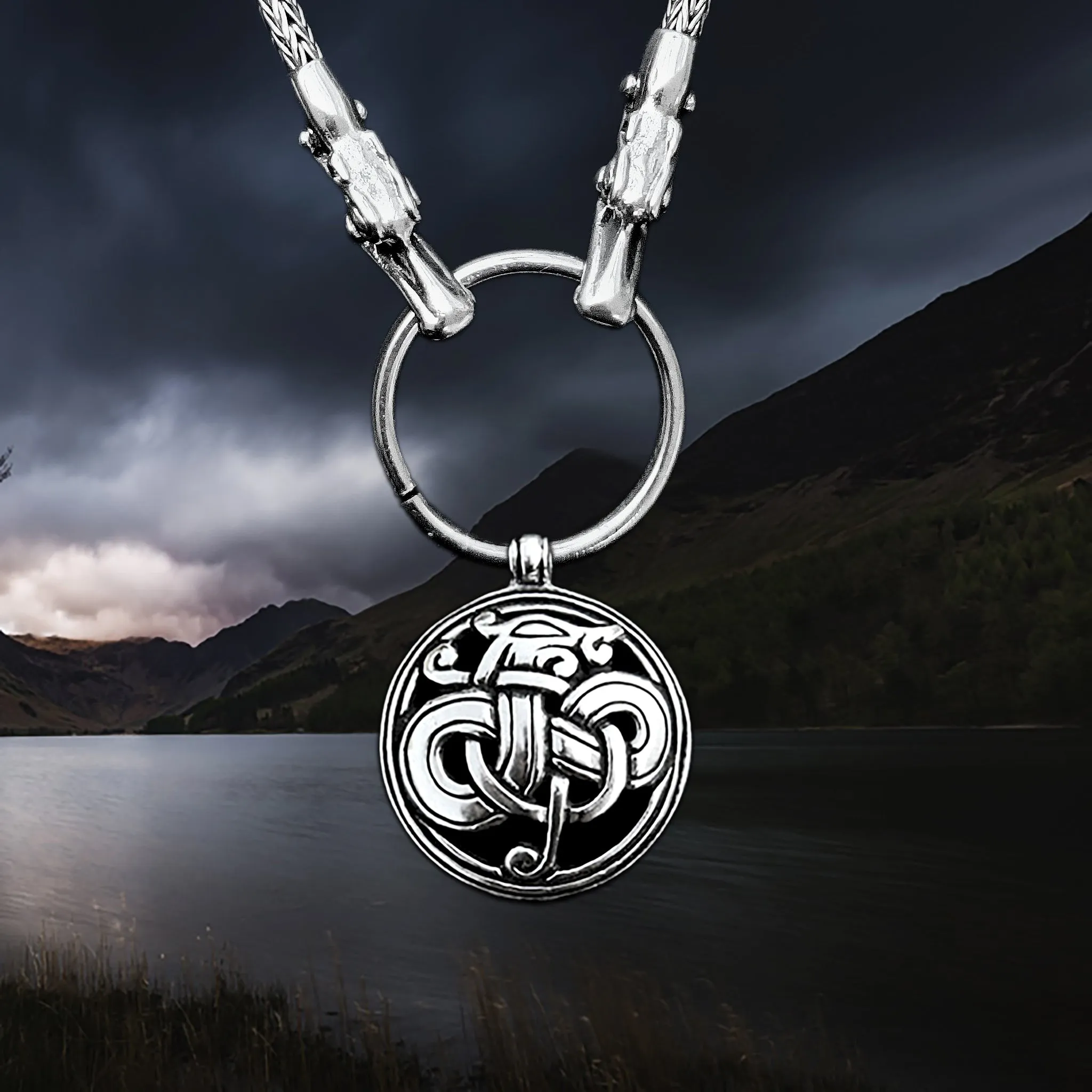 Customisable Slim Silver Snake Chain Pendant Necklace with Tromso Dragon Heads