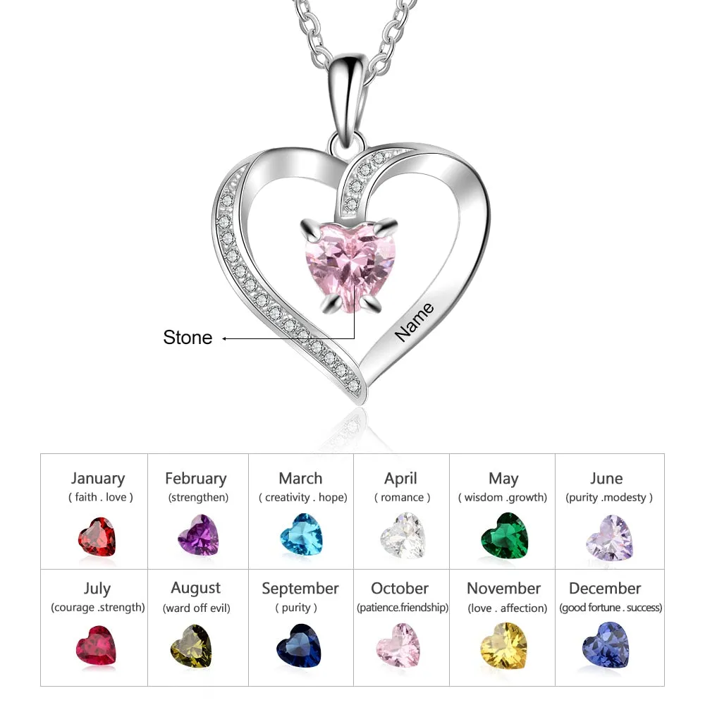 Customize Birthstone Name Silver Heart Necklace