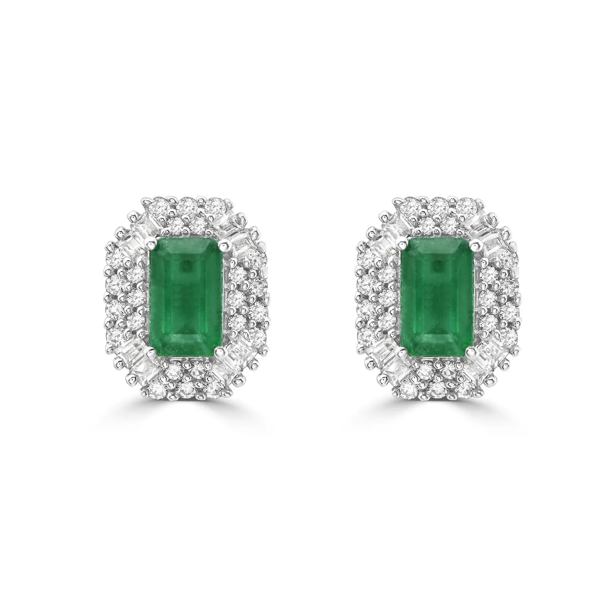 Emerald and Diamond Double Halo Stud Earrings