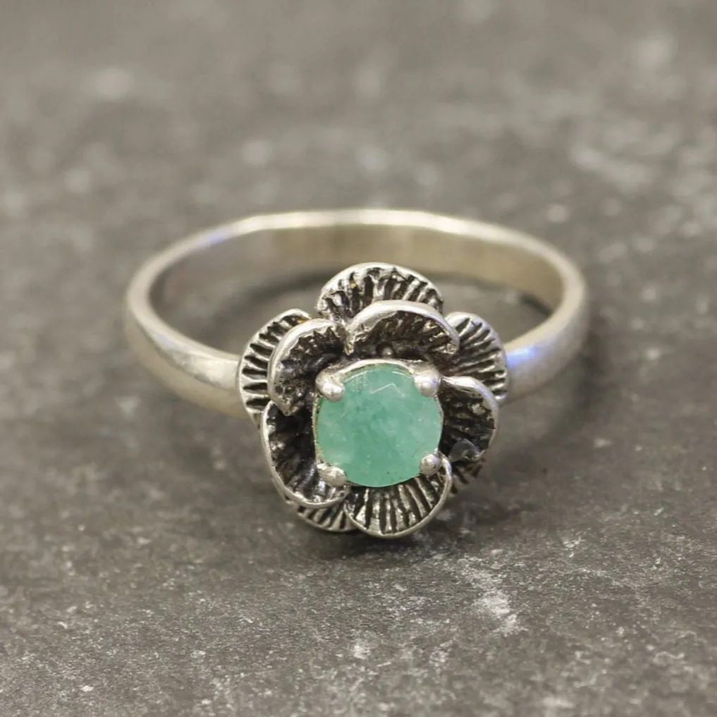 Emerald Flower Ring - Silver Rose Ring - May Birthstone Ring