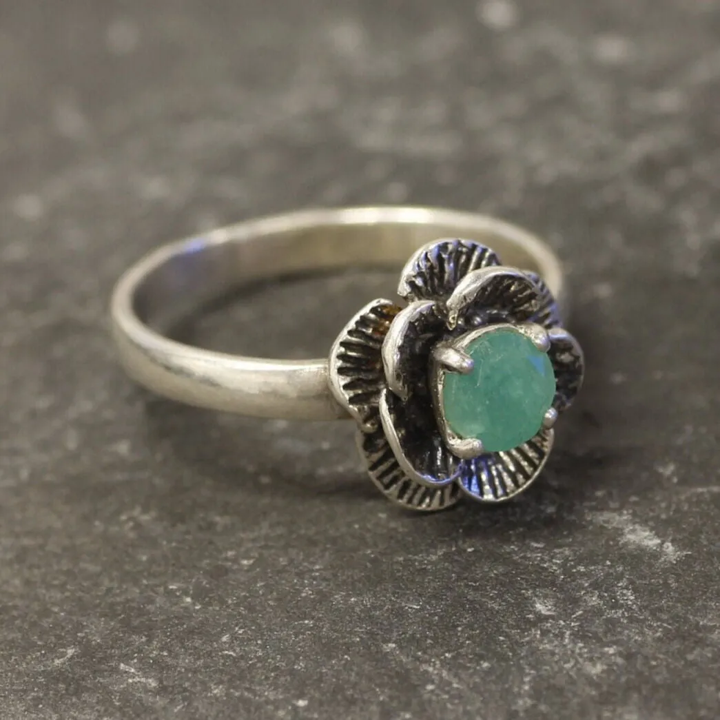 Emerald Flower Ring - Silver Rose Ring - May Birthstone Ring